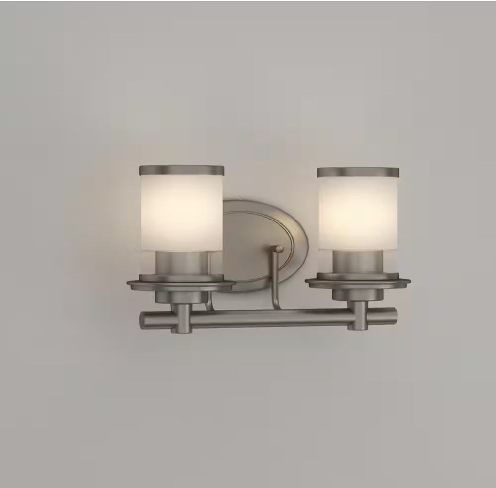 Hampton Bay
Truitt 14.2 in. 2-Light Brushed Nickel Modern Transitional Vanity with Frosted and Clear Edge Glass Shades